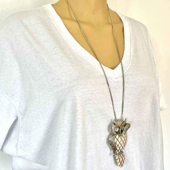 Vintage Owl Necklace 4.5 Inch Pendant 31 Inch Silver Tone Snake Chain - Picture 4 of 16